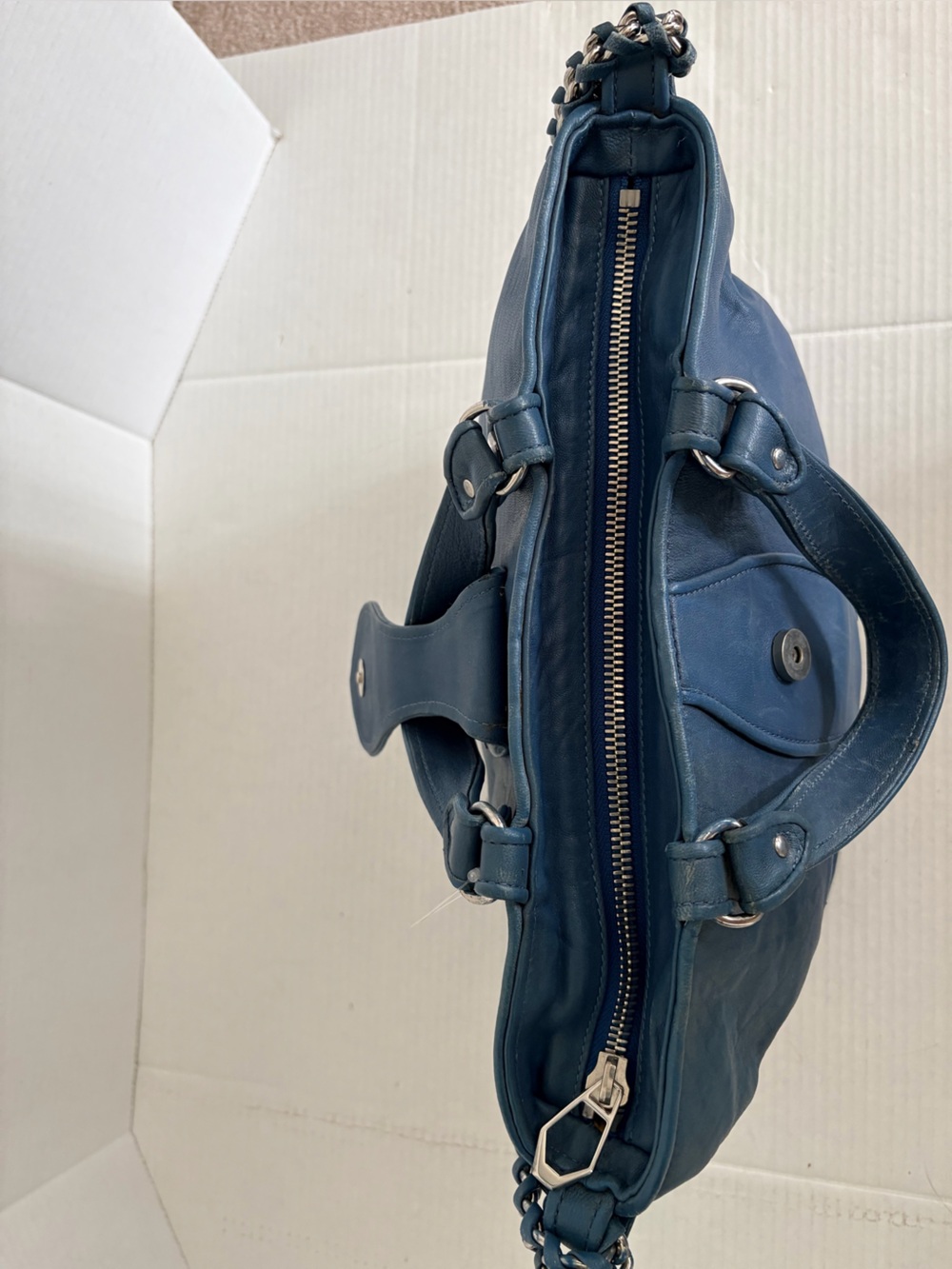 MCM Navy Blue Leather Shoulder Bag with Chain Straps - Picture 10 of 16